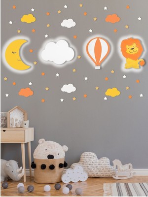 Ahşap Ay Bulut Balon ve Aslan Figürlü Çocuk Odası Dekoratif Ledli Aydınlatma/gece Lambası 4lü Set