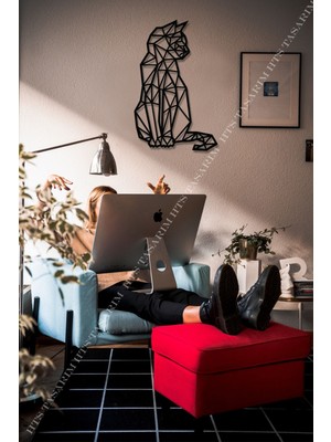 Geometrik Kedi Duvar Tablosu 80X30CM - Ahşap Dekoratif Modern Duvar Süsü Lazer Kesim