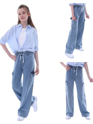 Kız Çocuk Beli Lastikli Çift Kargo Cepli Bol Paça Pantolon 2916