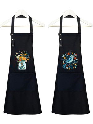 Mediterian Çiftli mutfak önlüğü seti, leke tutmaz, su itici, çiçekli ve kuş desenli, 60x75, pamuk polyester