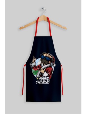 Mediterian Lacivert yılbaşı temalı cepli mutfak önlüğü, barista ve parti kullanımı için ideal