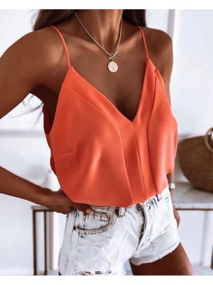 Passense Kadın Askılı V Yaka Detay Sandy Kumaş Bluz