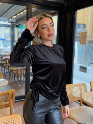 Passense Kadın Uzun Kollu Bisiklet Yaka Yanları ve Kolları Büzgülü Kadife Bluz