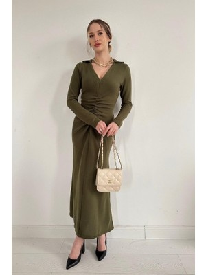 Passense Haki Büzgülü Triko Balık Elbise