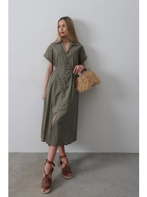 Passense Önü Düğmeli Kısa Kol Elbise - Haki