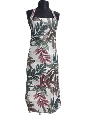 Mediterian Yaprak Desenli Krem Mutfak Önlüğü, Şık ve Kullanışlı, 65x95, Pamuk Polyester Bej
