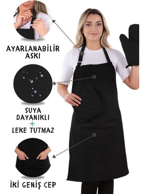 Mediterian Şık 3'lü Mutfak Önlüğü Seti, Eldiven ve Tutacak, Siyah, Pamuk Polyester, 60x80