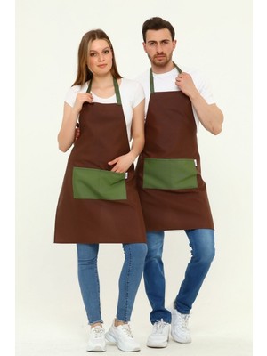 Mediterian Yeşil Cepli Pamuk Polyester Mutfak ve Kafe Önlüğü, 80x65, Kahverengi