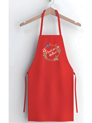 Mediterian Kişiye Özel Kırmızı Baskılı Mutfak Önlüğü, Pamuk Viskon, 55x70 cm