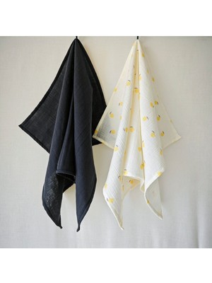 Mediterian Yumuşak Pamuk Müslin Kurulama Bezi Seti, 2'li, Antrasit ve Meyve Desenli, 45x70 cm