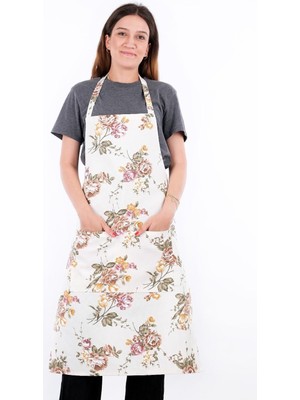 Mediterian Gül Desenli Mutfak Önlüğü, Şık ve Kullanışlı, 65x95, Pamuk Polyester, Bej