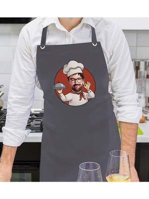 Mediterian Kişiye Özel Erkek Chef Karikatürlü Antrasit Mutfak Önlüğü 77x150 Gri