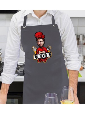 Mediterian Kişiye Özel Erkek Chef Karikatürlü Antrasit Mutfak Önlüğü, Pamuk Polyester, Gri