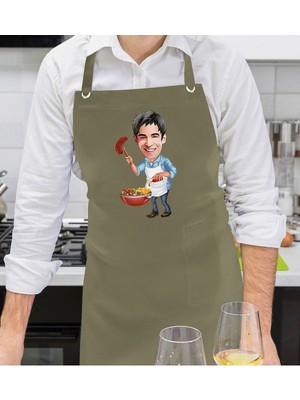 Mediterian Kişiye Özel Karikatürlü Haki Yeşil Mutfak Önlüğü, 77x150 cm, Renkli