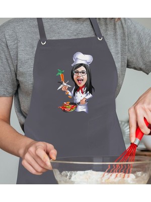 Mediterian Özel Tasarımlı Kadın Chef Karikatürlü Antrasit Mutfak Önlüğü 77x150 Gri
