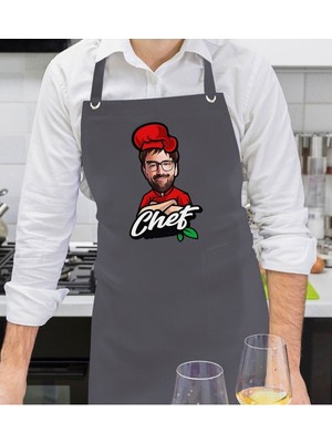 Mediterian Kişiye özel erkek şef karikatürlü antrasit mutfak önlüğü 77x150 cm, gri renk