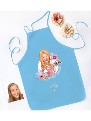 Mediterian Kişiye Özel Mavi Karikatürlü Mutfak Önlüğü, Anneler Günü Temalı, Renkli Tasarım, 77x150 cm