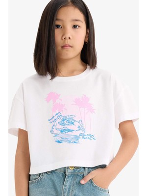 DeFacto Kız Çocuk Bisiklet Yaka Baskılı Kısa Kollu Tişört E0384A825SM