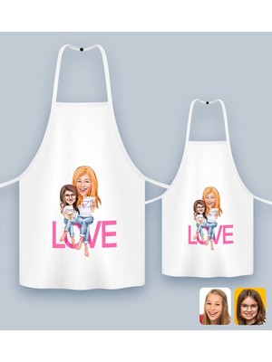 Mediterian Kişiye Özel Anne Kız Karikatürlü Mutfak Önlüğü Seti, Renkli, Hediye Seçeneği
