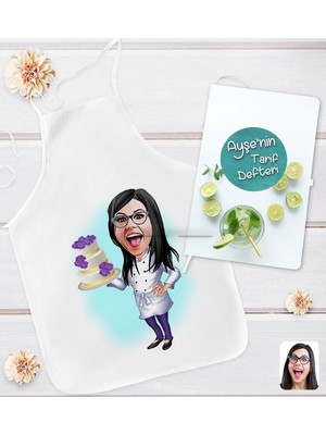 Mediterian Kişiye Özel Renkli Karikatürlü Mutfak Önlüğü ve Tarif Defteri Seti