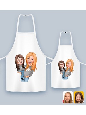 Mediterian Kişiye Özel Anne Kız Karikatürlü Mutfak Önlüğü Seti, Beyaz, Renkli, Anneler Günü Hediyesi