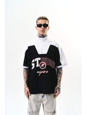 Respire Erkek Studio Nakışlı Yarım Fermuarlı Oversize T-Shirt Siyah