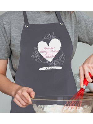 Mediterian Kişiye Özel Annelere Özel Tasarımlı Antrasit Mutfak Önlüğü, Keten Materyal, Tek Ebat