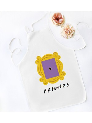 Mediterian Kişiye Özel Friends Kapı Çerçevesi Tasarımlı Beyaz Mutfak Önlüğü Çok Renkli