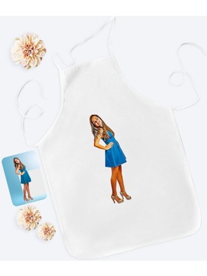 Mediterian Kişiye Özel Kadın Karikatürlü Beyaz Tam Boy Mutfak Önlüğü, Renkli, Pamuk Malzeme
