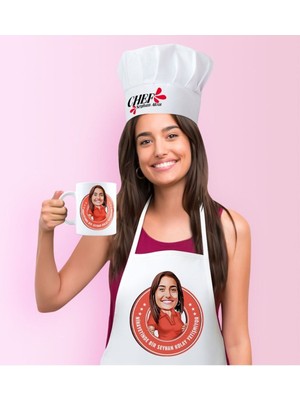 Mediterian Kişiye Özel Renkli Karikatürlü Mutfak Önlüğü, Şapka ve Kupa Seti, Pamuk, Çok Renkli
