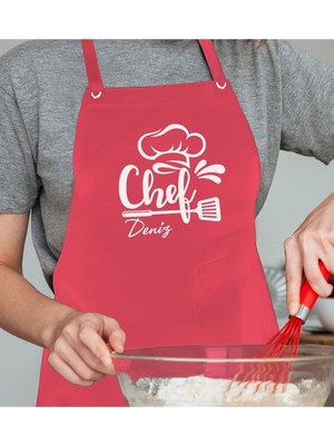 Mediterian Kişiye Özel Pembe Chef Tasarımlı Profesyonel Mutfak Önlüğü, 77x150 cm, Pamuk Polyester