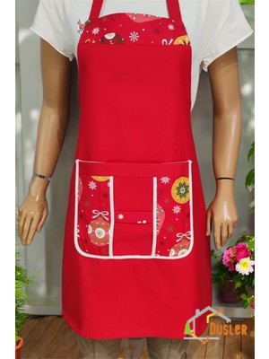 Mediterian Kırmızı desenli cepli mutfak önlüğü, şık ve kullanışlı hediye seçeneği 50x70 cm