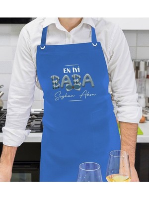 Mediterian Kişiye özel Babalar Günü temalı mavi mutfak önlüğü, aşçı ve şef tasarımı, 77x150 cm