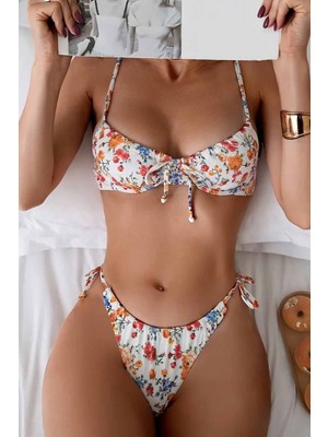 Angelsin Çiçek Baskılı Kadın Bikini Takımı 2 Parça Astar ve Desteksiz Tasarım ile