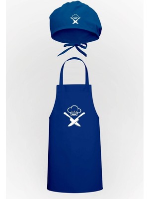 Mediterian Mavi mutfak önlüğü ve bone seti, şık ve kullanışlı tasarım, pamuk polyester materyal