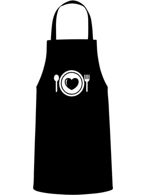 Mediterian Kalpli Tasarımlı Mutfak Önlüğü, Siyah Renk, Özel Baskı, Şef Tarzı