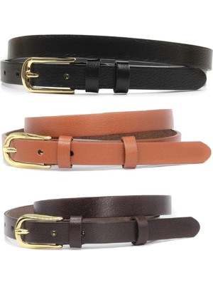 Livize Kadın Hakiki Deri Kemer 3'lü Set Günlük Kullanım İçin 2 cm Genişliğinde Siyah Taba Kahverengi