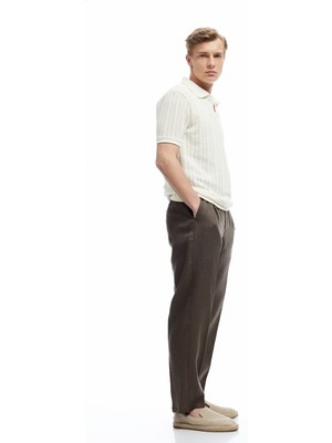 Koton Normal Bel Bol Kalıp Pileli Keten Chino Pantolon