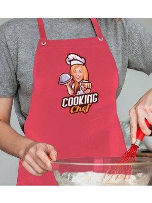 Mediterian Kişiye Özel Kadın Chef Karikatürlü Pembe Mutfak Önlüğü 77x150 Çok Renkli