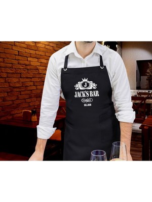 Mediterian Kişiye Özel Siyah Mutfak Önlüğü, Bar Tasarımlı, 77x150 cm, Profesyonel Kullanım
