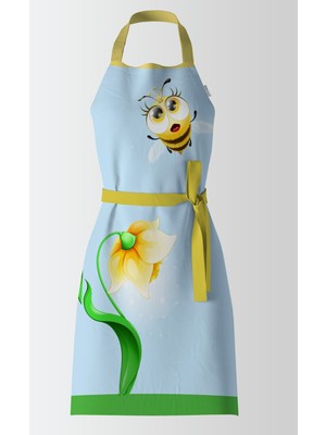 Mediterian Sevimli Arı Desenli Renkli Mutfak Önlüğü, 80x65, Kumaş, Sarı