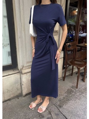 Defy Moda Osy Modal Yumuşak Dokulu Kumaş Bisiklet Yaka Kısa Kollu Kuşaklı Uzun Elbise - Mavi