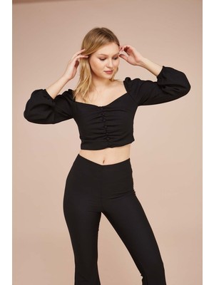Kadın Siyah Fermuarlı Crop Bluz