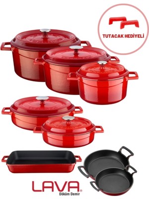 Lava Döküm Sekizli Tencere Tava Seti Trendy Kırmızı Silikon Tutacak Hediyeli