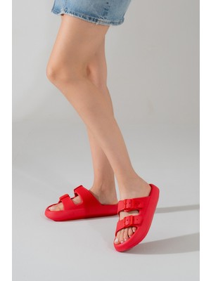 Carlaverde Kadın Plaj Terlik Anna Kırmızı Suni Deri Düz Topuklu Günlük Kullanım İçin
