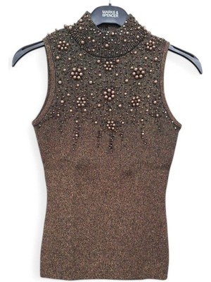 S / 36 Esnek Pamuklu Simli Boncuk Işlemeli Yarım Boğaz Kolsuz Şık Kahverengi Bluz