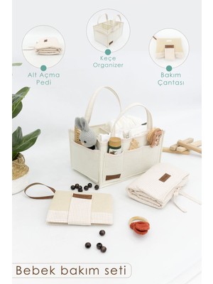 3'lü Bebek Bakım Seti Keçe Anne Bebek Organizeri, Su Geçirmez Alt Değiştirme Pedi, Alt Açma Çantası