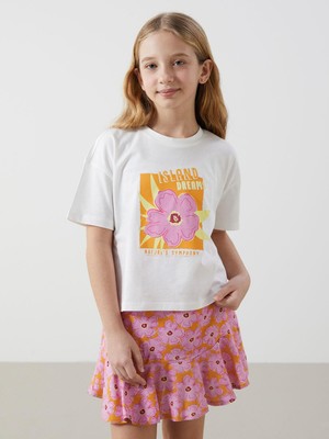 Bisiklet Yaka Çiçekli Kız Çocuk Tişört ve Etek