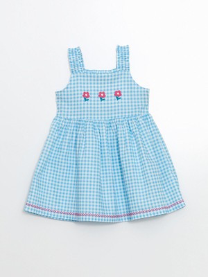 Kare Yaka Çiçekli Kız Çocuk Keten Elbise