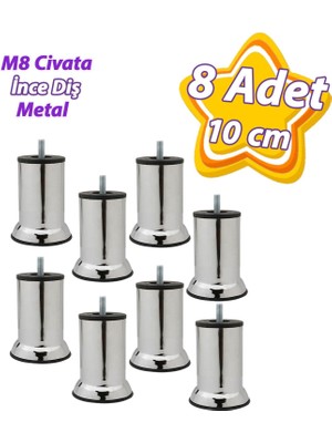 8 Adet Metal Destek Ayağı 10 cm Krom Mobilya Kanepe Baza Koltuk Ünite Ayakları Metrik 8 Civatalı Ince Diş